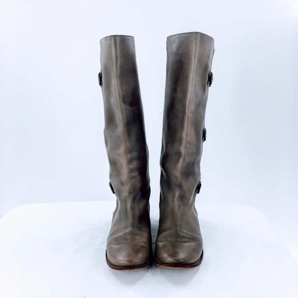 FRYE Womens Tall Riding Boot Paige Grey Leather Buckle Boot Distressed Sz 9 - Picture 2 of 16